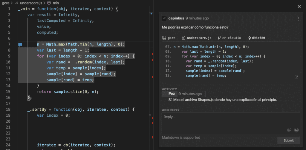 comentarios de codestream directo en IDE