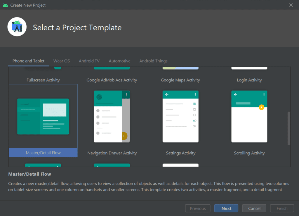 Abre Android Studio y crea un nuevo proyecto. Selecciona la plantilla Master/Detail Flow, luego clic en Next y Finish.