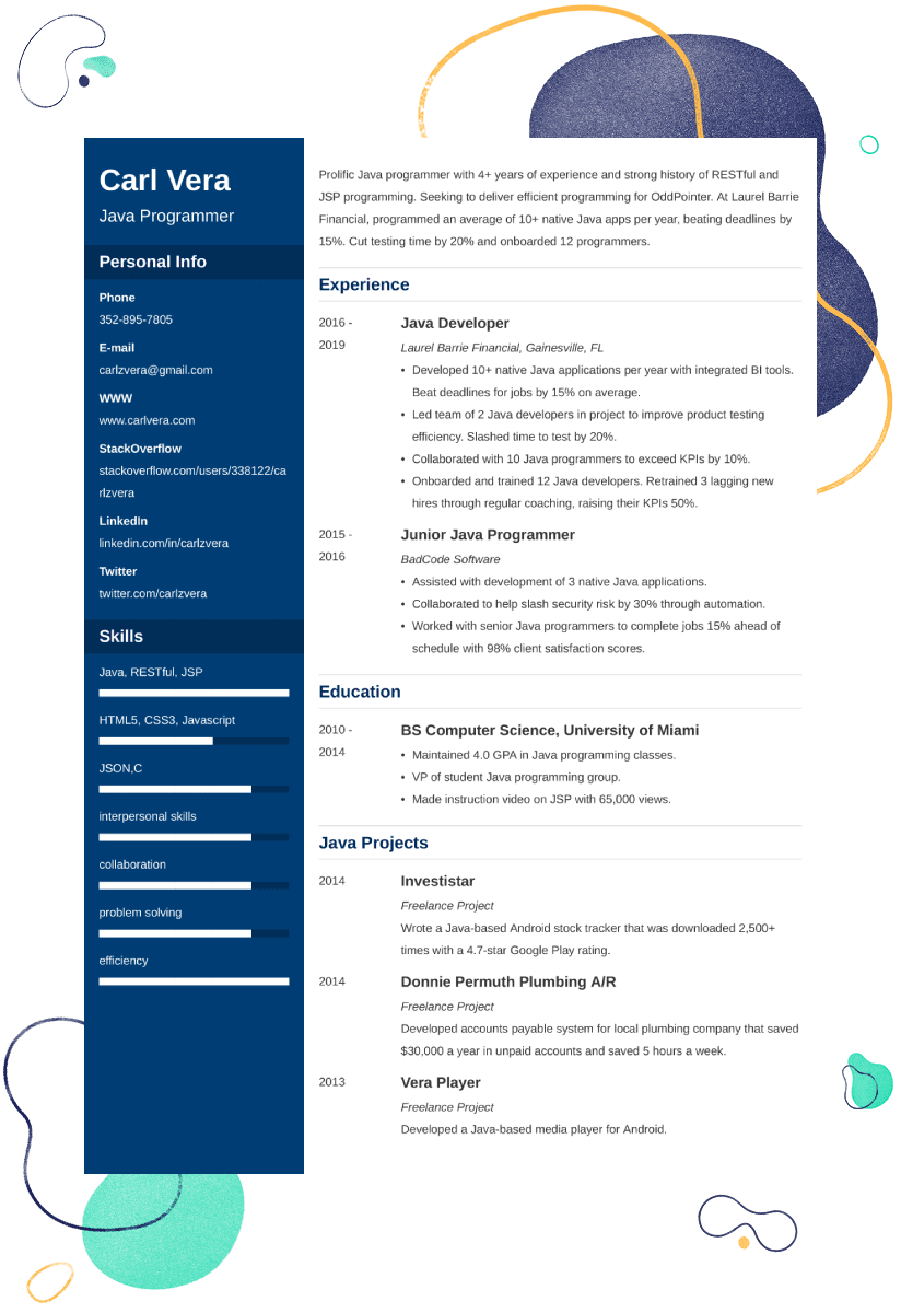 Ejemplo de currículum de un programador en Java por ResumeLab